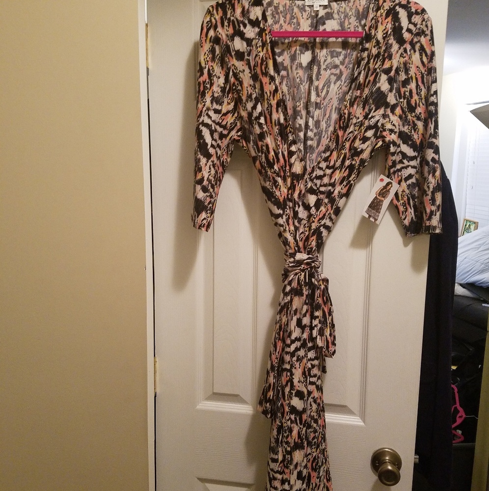 Multi-colored printed Kiyonna true wrap dress